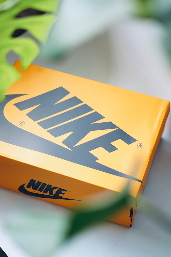 A vibrant orange Nike shoebox on a white surface surrounded by green leaves.